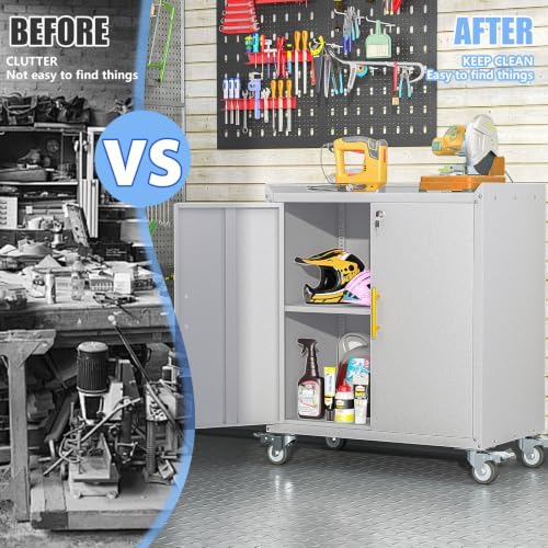 35.6" rolling metal garage storage cabinet with wheels on a desk or shelf