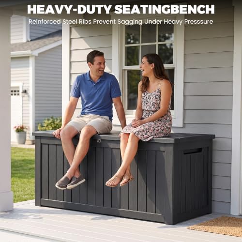 320 gallon outdoor deck box, lockable waterproof outdoor shown in use