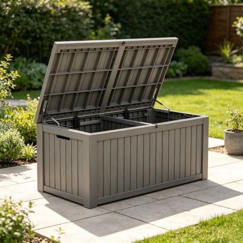 fancyango 220 gallon large outdoor storage deck box on a desk or shelf