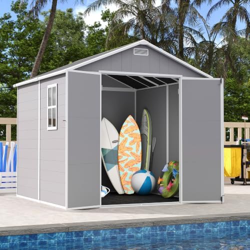 udpatio storage shed 8x8 ft, resin outdoor plastic, front angle view