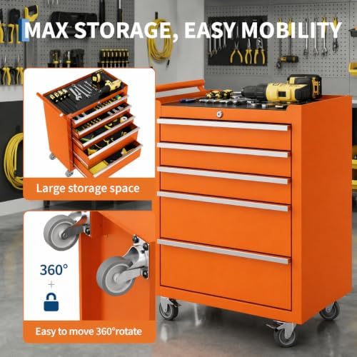 garvee rolling tool chest, 5 drawers tool storage, front angle view