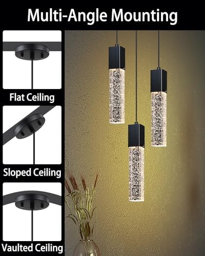 Mini Integrated Hanging Crystal Kitchen Island Modern Concise Pendant Ceiling Light Fixture,for Kitchen Island Dining Room Bedroom Hallway,UL Listed (Black, 3 Pack)
