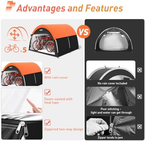 upgraded bike tent with rain cover, outdoor storage showing dimensions
