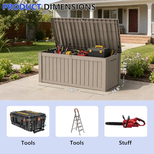 150 gallon outdoor storage box resin deck box shown in use