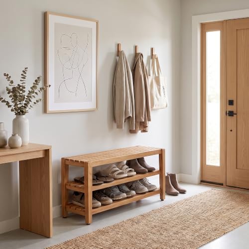 asta select solid teak 27" shoe rack bench shown in use