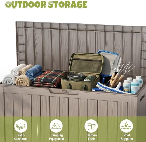 145 gallon outdoor storage box waterproof deck box on a desk or shelf