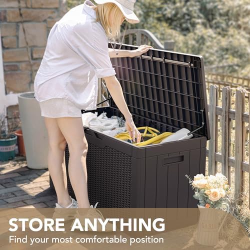 devoko 100 gallon waterproof deck box, resin large on a desk or shelf