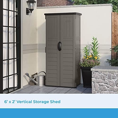 suncast 22 cu ft, vertical storage shed, pad-lockable shown in use