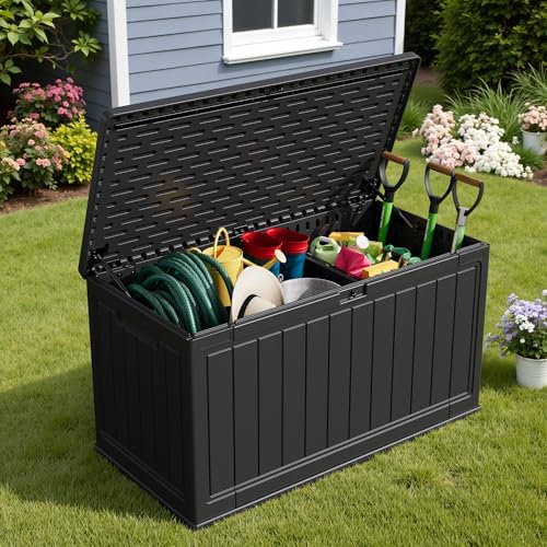 devoko 160 gallon double-wall deck box with divider showing dimensions