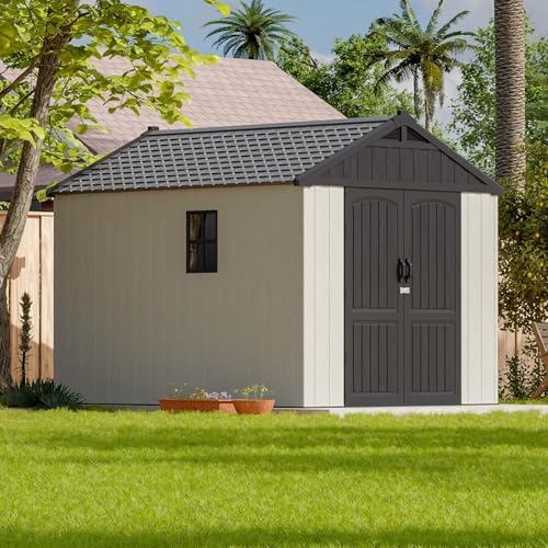 patiowell 8x10 ft resin outdoor storage shed with, front angle view