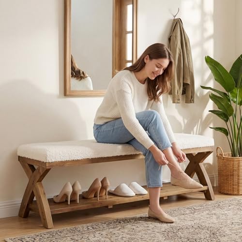 solid wood shoe bench with cushion padded seat, close-up detail