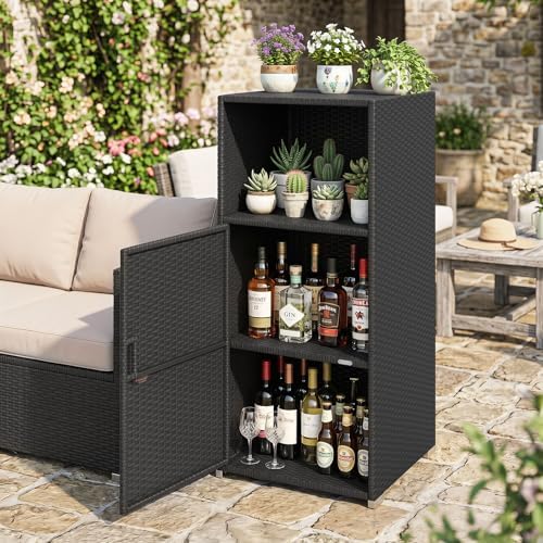 tangkula rattan outdoor storage cabinet with 3 storage shown in use
