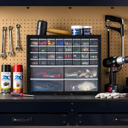 iris usa 36-drawer storage cabinet, garage tool screws shown in use