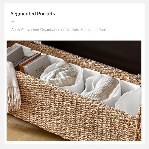 56" rattan storage bench with rolled arms, bohemian, close-up detail