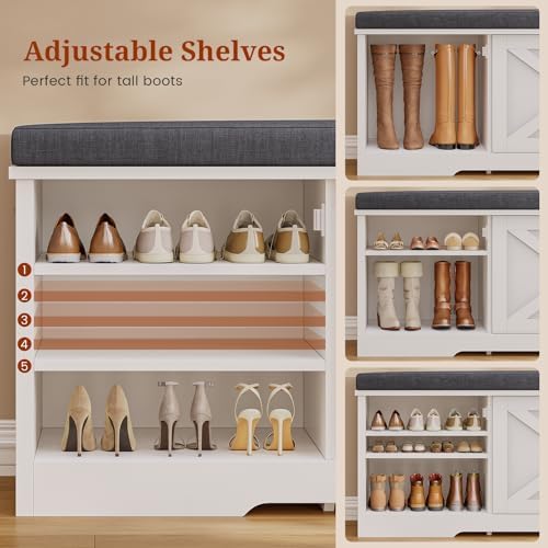 uposoja farmhouse storage bench with flip drawers & showing dimensions
