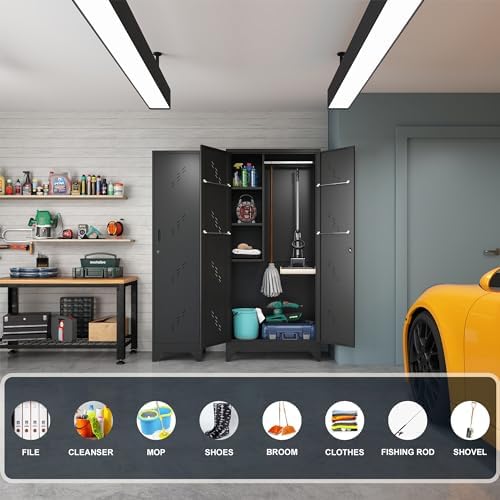 metal storage cabinet, 75" cleaning tool cabinet with, front angle view