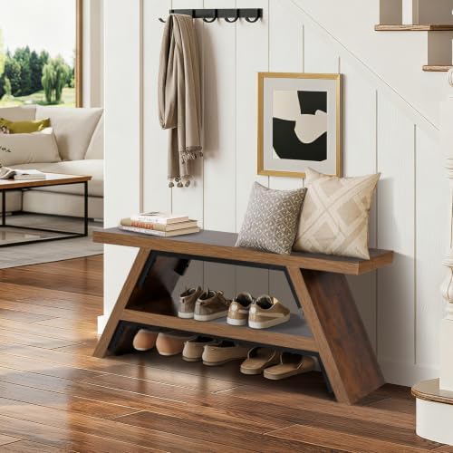 2-tier shoe storage bench, 40" solid wood entryway, front angle view