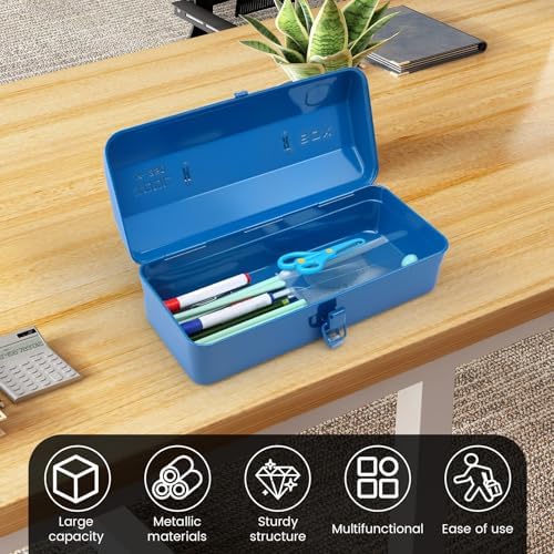 large metal tool storage box with handle for, close-up detail