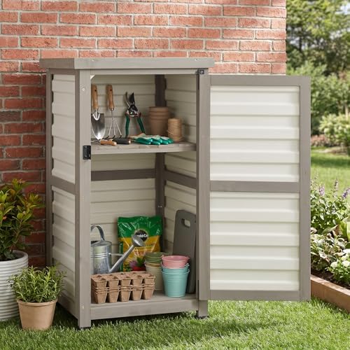 small outdoor storage cabinet with metal top, 18, front angle view