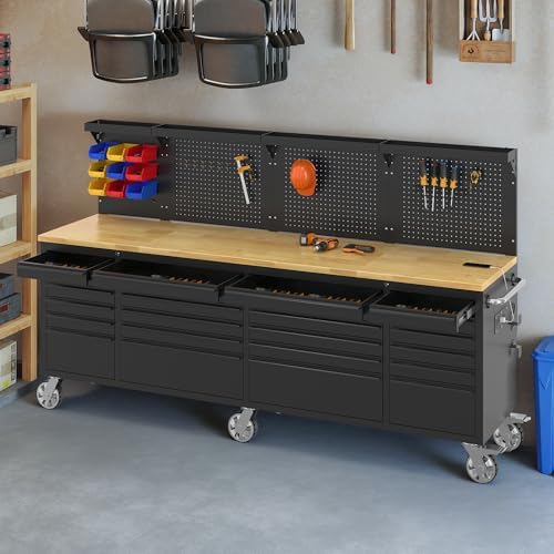 specraft 96-inch rolling tool chest with 24 drawers shown in use