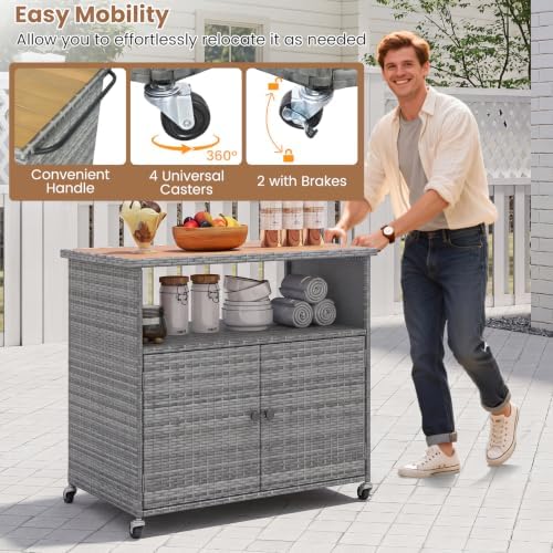tangkula rattan outdoor storage cabinet with 4 wheels on a desk or shelf