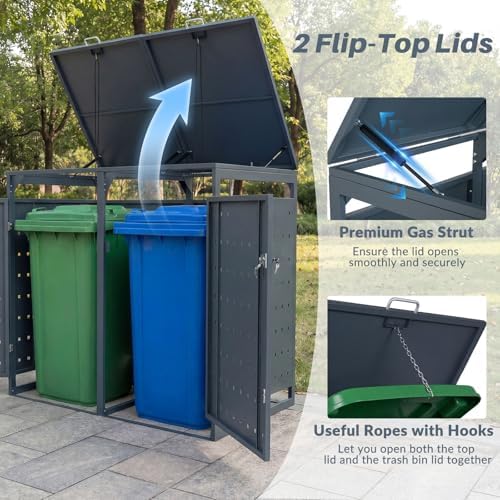 goplus 44 cu.ft outdoor trash can storage, garbage showing dimensions