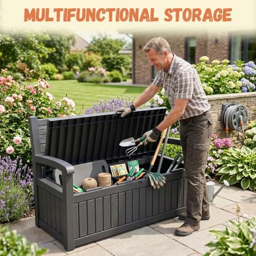 100 gallon outdoor storage bench, lockable for patio shown in use