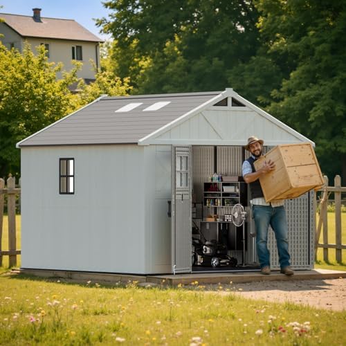 patiowell 10x10 ft resin outdoor storage shed with shown in use