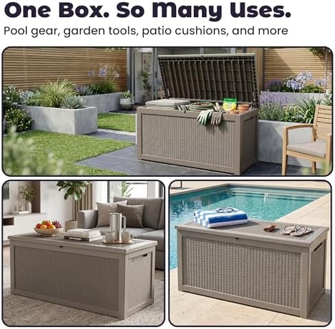 patiozen 360 gallon outdoor storage box, heavy duty on a desk or shelf