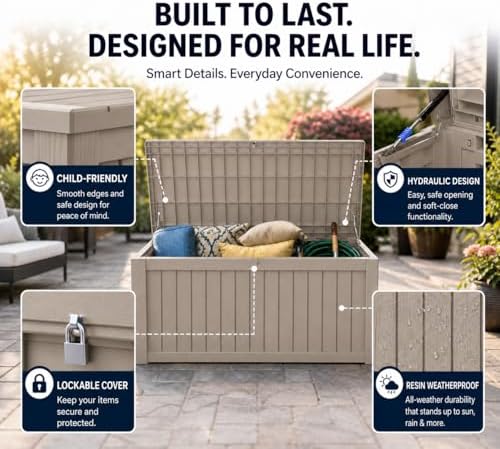 lausaint home 230 gallon outdoor storage box, package showing dimensions