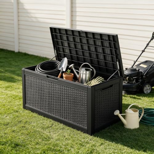130 gallon deck box,lockable outdoor storage box gas shown in use