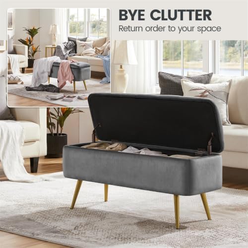 yaheetech storage ottoman bench for bedroom, velvet end, side view