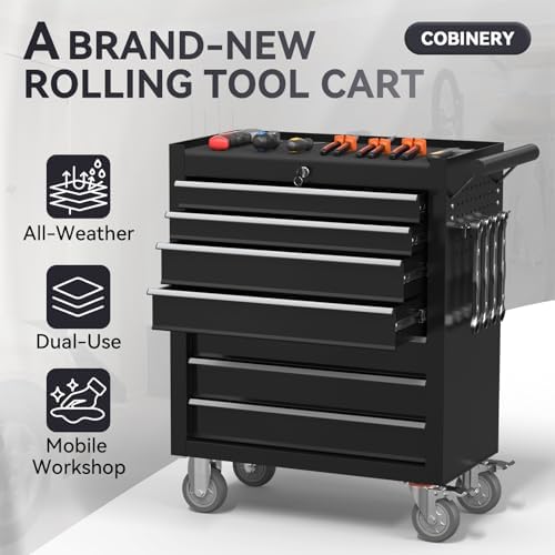 7-drawer rolling tool chest with wheels, metal tool, close-up detail