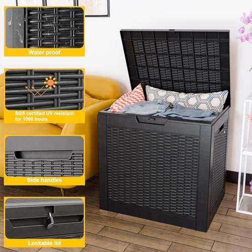 waterproof outdoor storage box, 31 gallon lockable deck shown in use