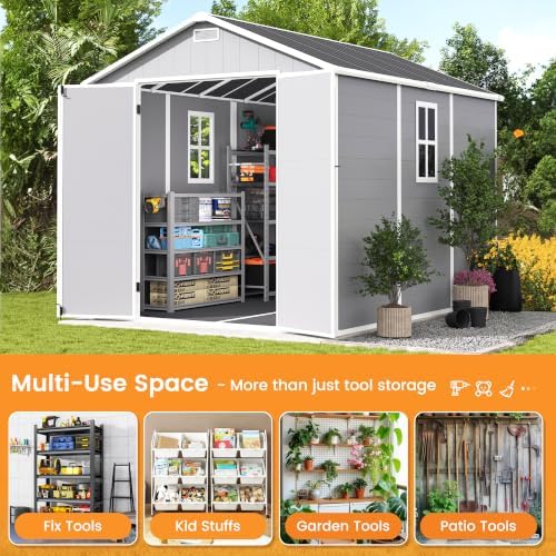 udpatio storage shed 8 x 10 ft, resin showing dimensions