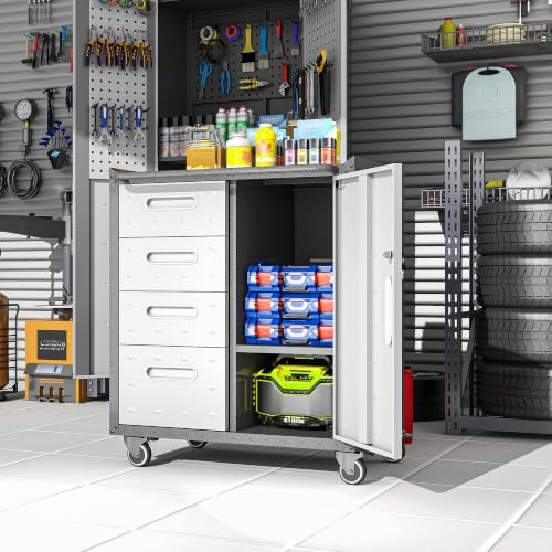 metal garage storage cabinet on wheels, lockable rolling, package contents