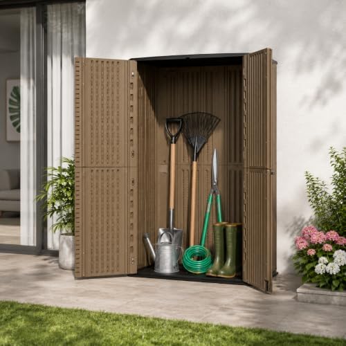 addok 66 cu.ft outdoor storage shed,resin storage cabinet shown in use