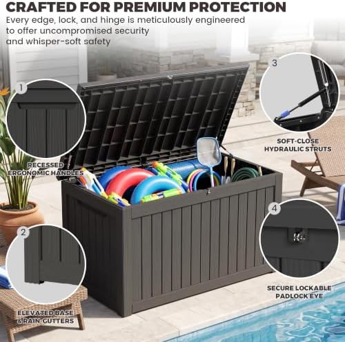 outdoor storage box, 270 gallon waterproof deck box, close-up detail