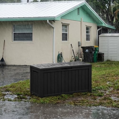 85 gallon outdoor storage deck box waterproof resin on a desk or shelf