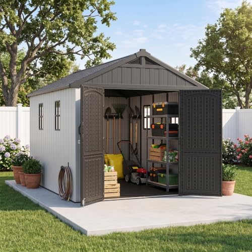 greesum 8x12 ft resin outdoor storage shed with shown in use