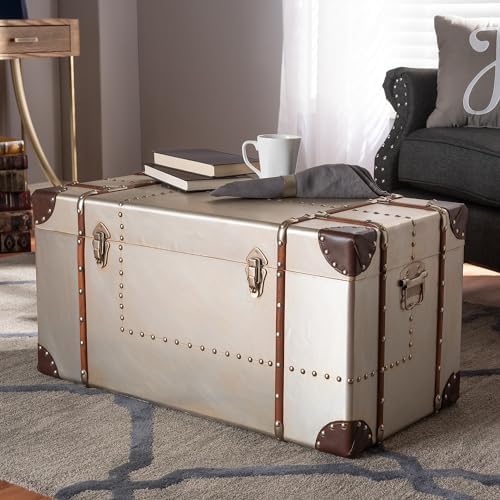 baxton studio bechet storage trunk, silver on a desk or shelf