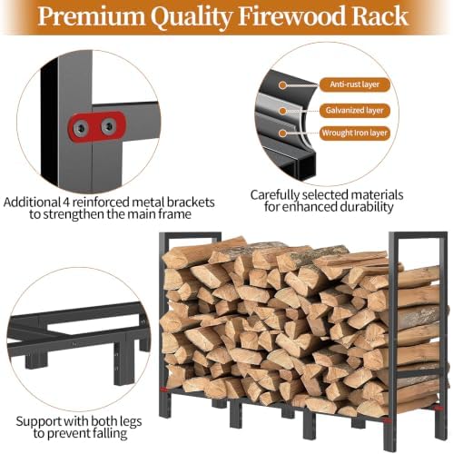 4ft firewood rack indoor outdoor with log carrier, side view