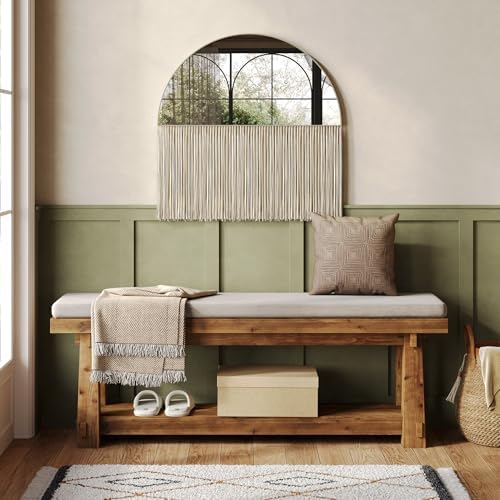 solid wood entryway bench, 55" rustic bench seat showing dimensions