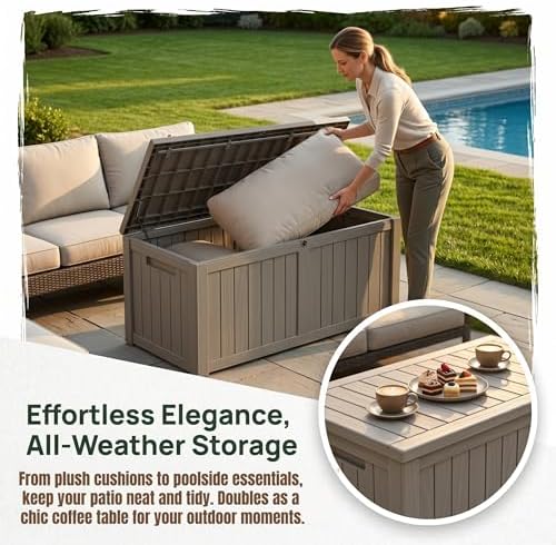 151 gallon large resin outdoor storage box, waterproof showing dimensions