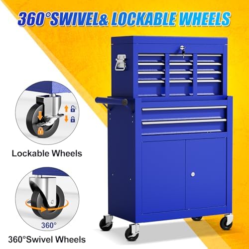 10-drawer rolling tool chest with wheels, lockable 2-in-1 showing dimensions