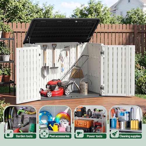 31 cu.ft outdoor storage, lockable vertical resin outdoor, side view