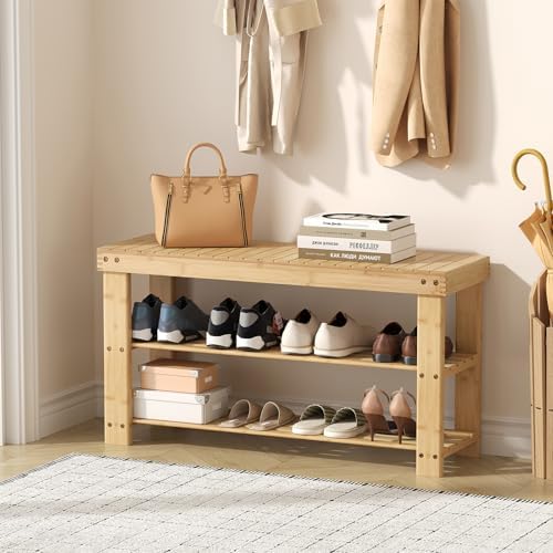 dumos wooden shoe rack bench, 3-tier bamboo entryway shown in use