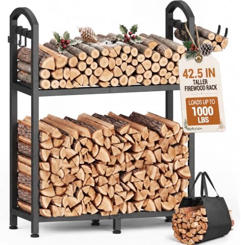 42.5in firewood rack ourdoor with log carrier bag shown in use