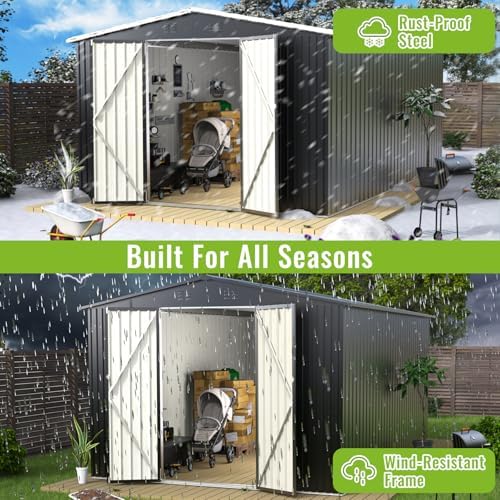 10x14 ft outdoor storage shed, durable metal outside showing dimensions