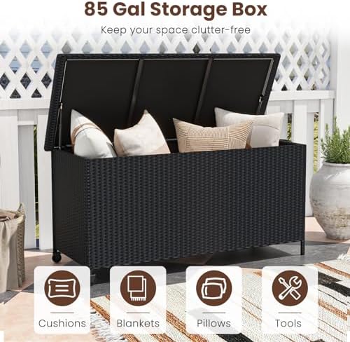 tangkula rattan deck box, 85 gallon storage container, side view